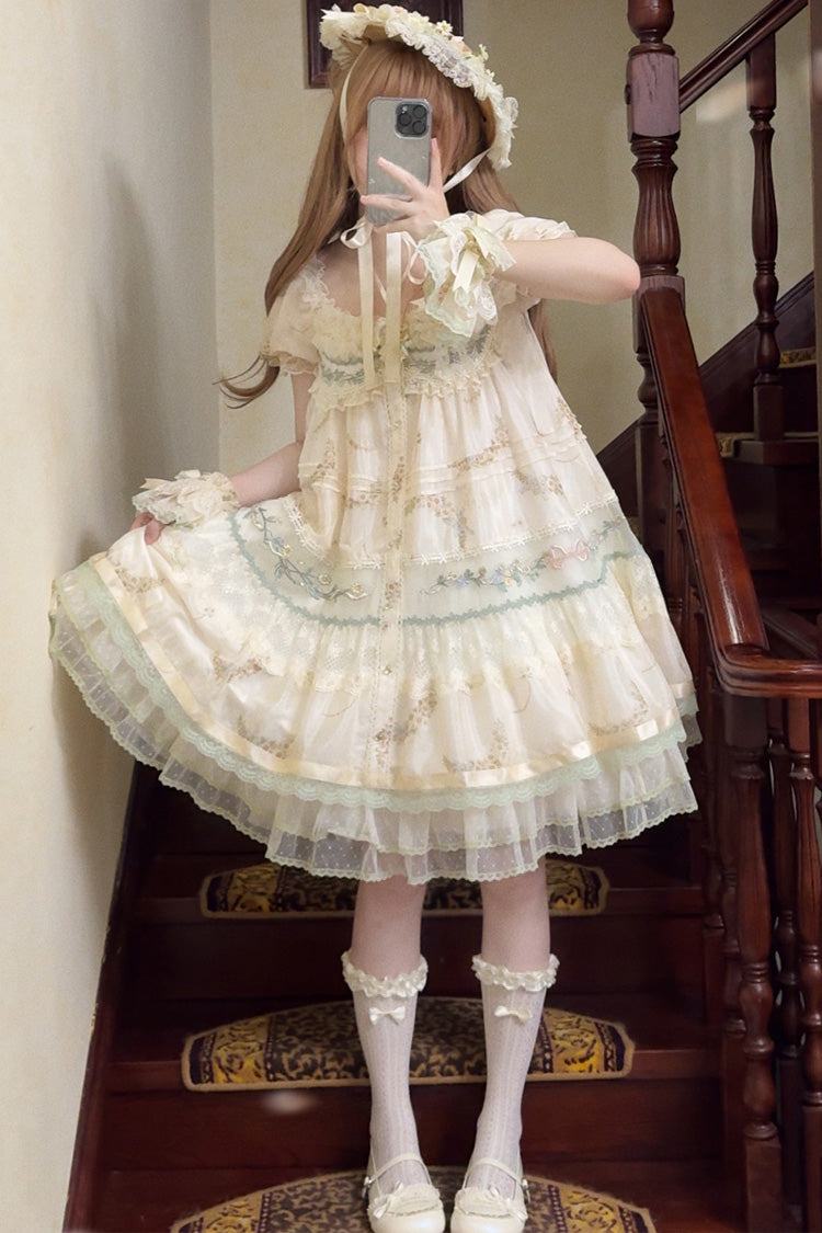 Multicolor Daisy Poetry Print Ruffle Lace Sweet Dress