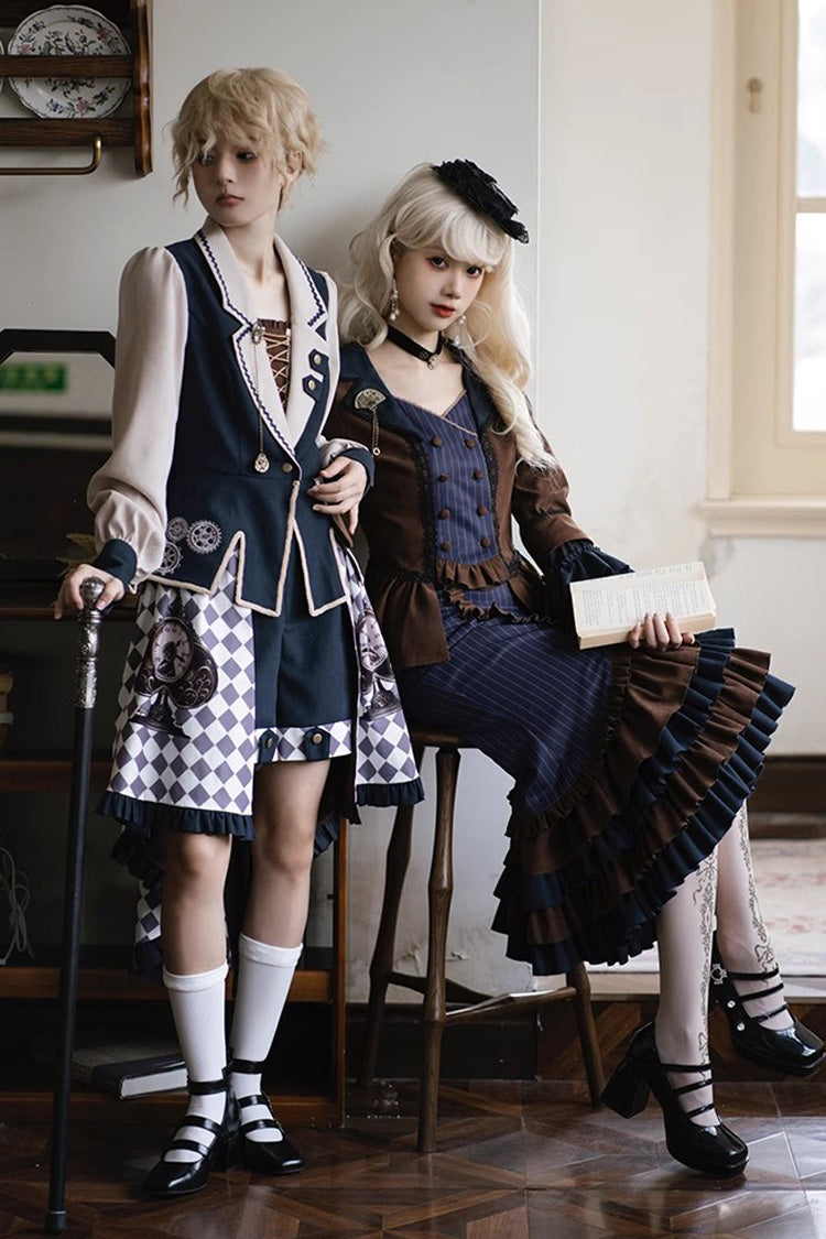 Blue Brown Time Traveler Long Sleeves Multi-Layer Print Ruffle Punk Mermaid Skirt Set