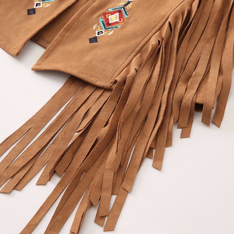 Vest Fringed Shirt Dress Lapel Boho Embroidery Pleated