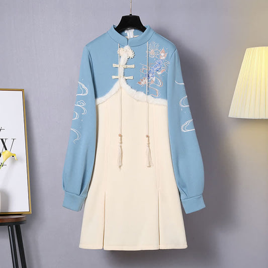 Kleid aus Plüsch mit Vintage-Blumenstickerei und Farbblockdesign