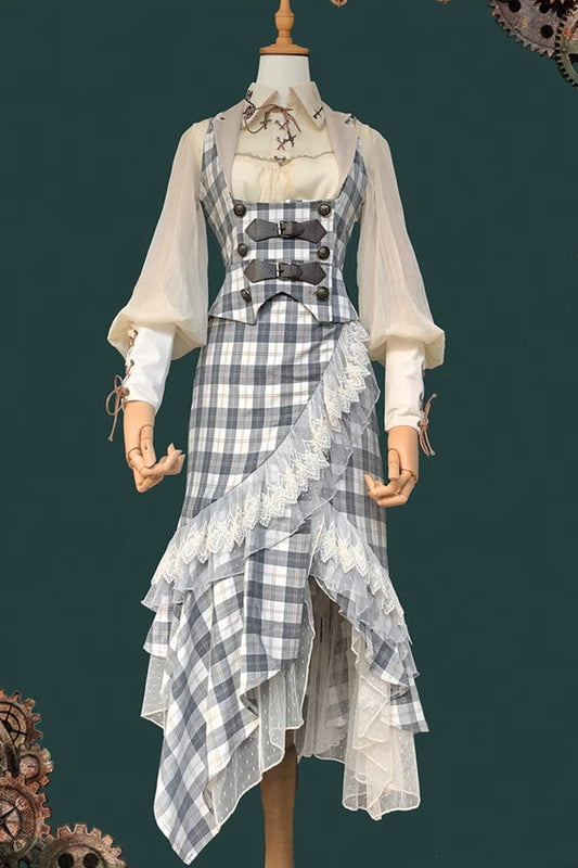 Blue Plaid Traveler Sleeveless Asymmetrical Ruffle Punk Lolita Skirt Set