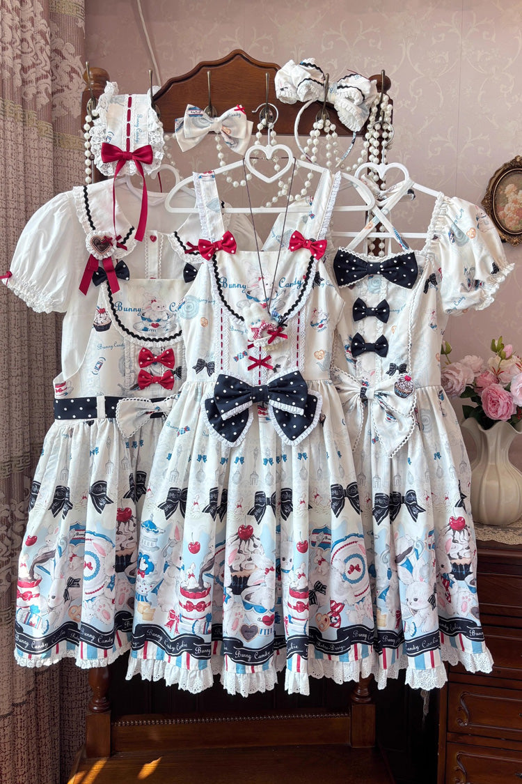 Mystery Rabbit Tea Party Square-Collar Short-Sleeved Print Ruffle Bowknot Lace Sweet Lolita Dress in Beige