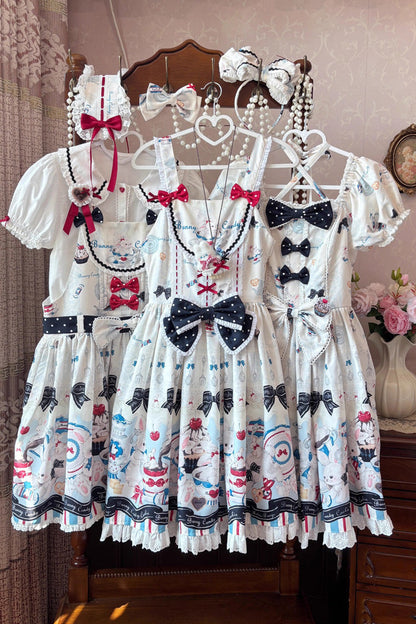 Mystery Rabbit Tea Party Square-Collar Short-Sleeved Print Ruffle Bowknot Lace Sweet Lolita Dress in Beige