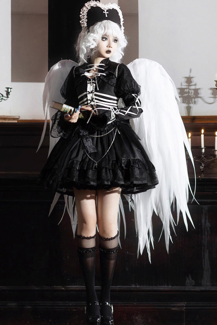 Black Gothic Princess Lolita JSK Dress with Multi-Layer Ruffles and Bowknot