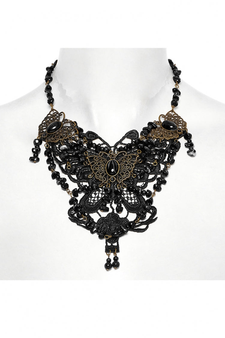 Beaded Butterfly Black Asymmetric Punk Necklace Women's