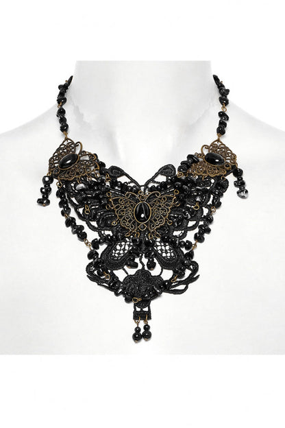 Beaded Butterfly Black Asymmetric Punk Necklace Women's