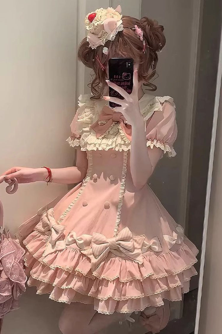 Rose Striped Layered Short Sleeves Multi Ruffle Bow Sweet Princess Lolita Tiered Dress