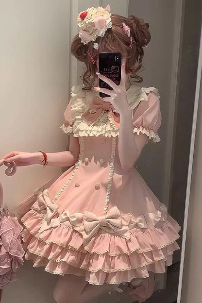Rose Striped Layered Short Sleeves Multi Ruffle Bow Sweet Princess Lolita Tiered Dress