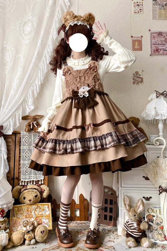 Brown Sweet Lolita Triple-Layered Ruffle Bowknot Strap Dress