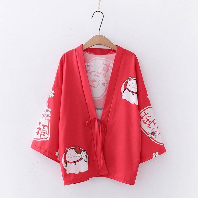 Charming Lucky Cat Sakura Print Loose Outerwear Kimono