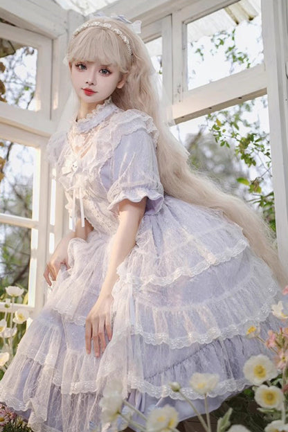 Purple Jacquard Bowknot OP Dress - Sweet Elegant Lolita