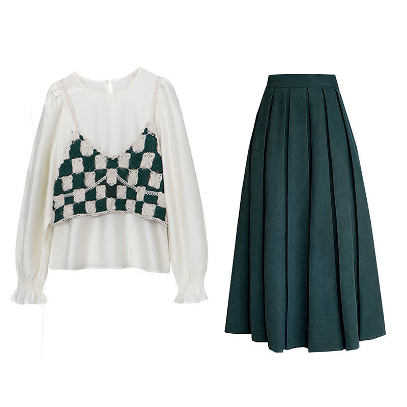 Skirt Set Plaid Chiffon Pleated Shirt Vest Green