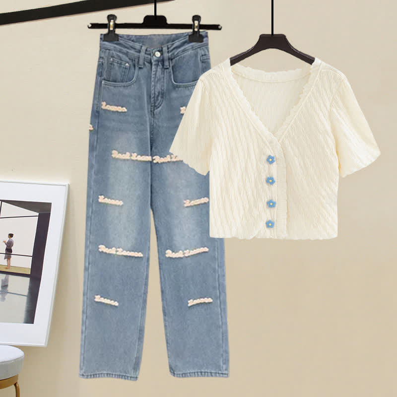 Blossom Button Denim T-Shirt Set Pants Letter