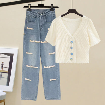 Blossom Button Denim T-Shirt Set Pants Letter