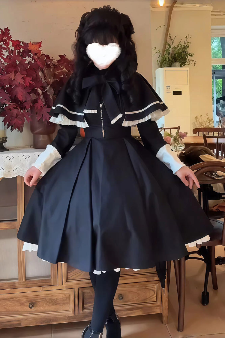 Black Long Sleeve Ruffle Bow Maid Gothic Lolita Dress Cloak Two Piece Set