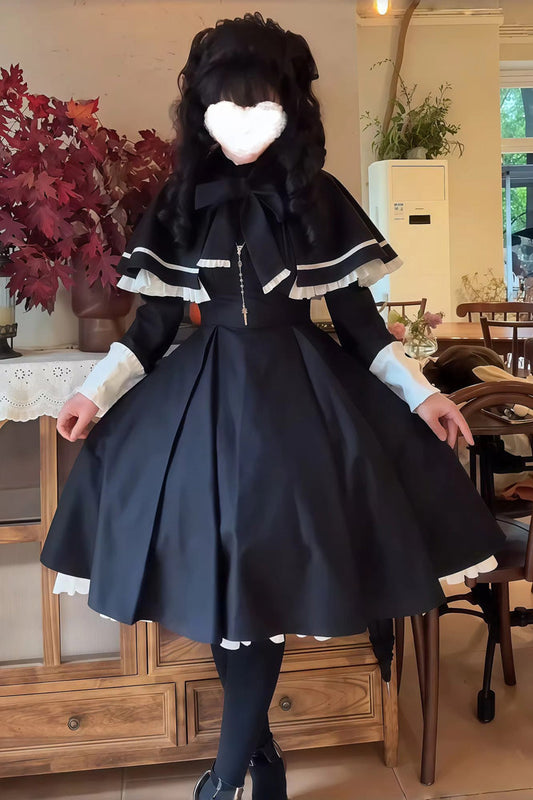 Black Long Sleeve Ruffle Bow Maid Gothic Lolita Dress Cloak Two Piece Set