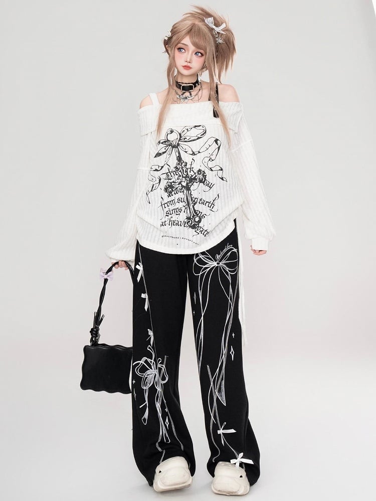 Ribbon Bow Print Straight-leg Cut Sweatpants