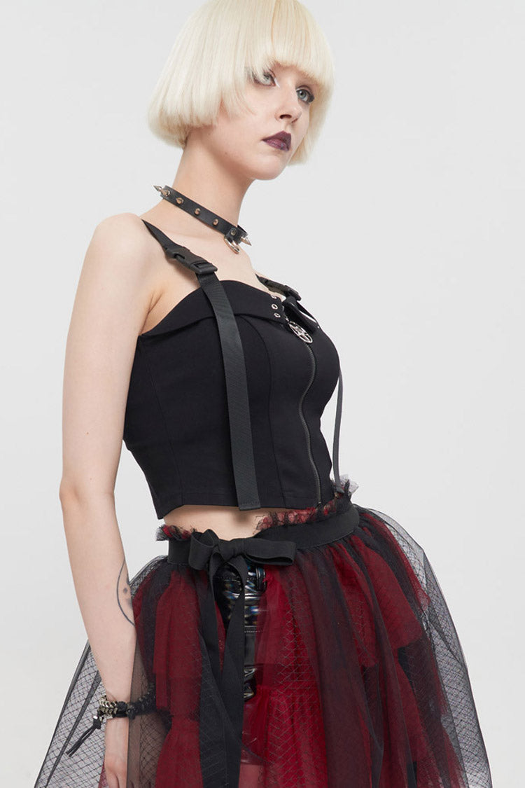 Dark Adjustable Strap Knit Corset Vest with Front Snap Zippers