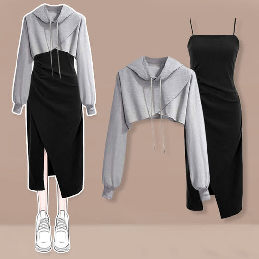 Hoodie Slip Split Ruffled Dress Short Cross