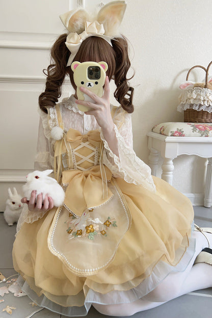 Moon Rabbit Shadow Embroidery Ruffle Bow Lace Sweet Lolita JSK in Yellow