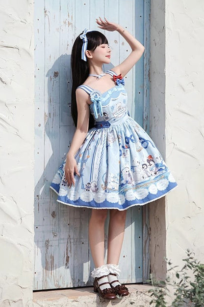 Bow-Embellished Print JSK with Ruffle Trim in Navy