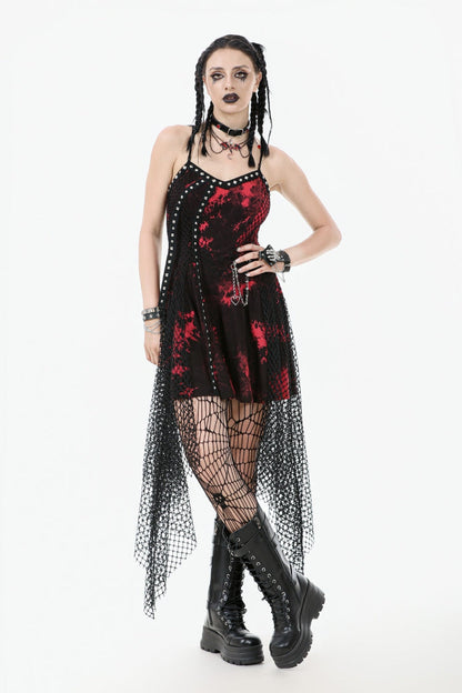 Scarlet Sleeveless Mesh Hem Asymmetrical Tie-Dyed Slip Dress