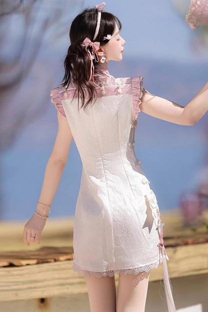 Lace Color-Blocked Chinese Style Sweet Dress - White/Pink Spring Strawberry