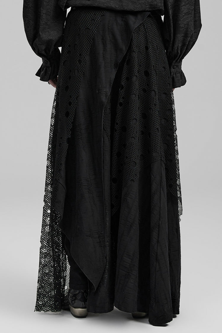Men's Gothic Long Skirt with Mesh and Ripped Edges