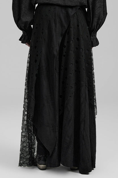 Men's Gothic Long Skirt with Mesh and Ripped Edges