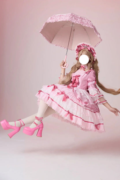 Rose Velvet Cake Long Trumpet Sleeves Multi Ruffle Bow Lace Sweet Lolita Dress