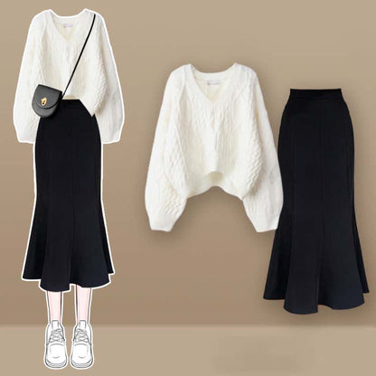 Cross Knit V-neck Skirt Pieces Sweater Two Fishtail