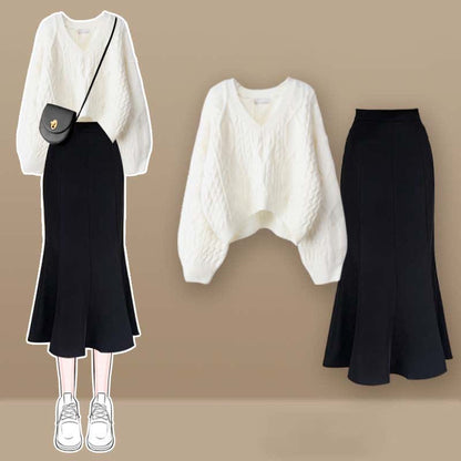 Cross Knit V-neck Skirt Pieces Sweater Two Fishtail