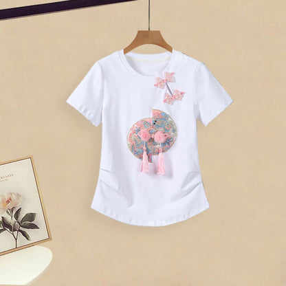Casual Pink Vintage Painting Pants Buckle Wash T-Shirt