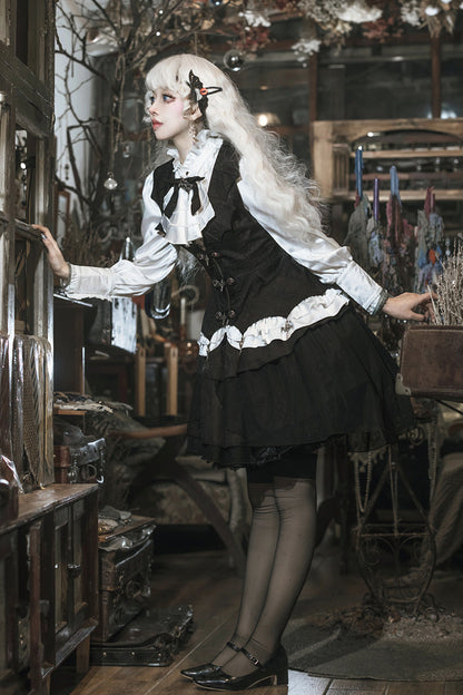 Black White Gothic Lace Vest Skirt Set