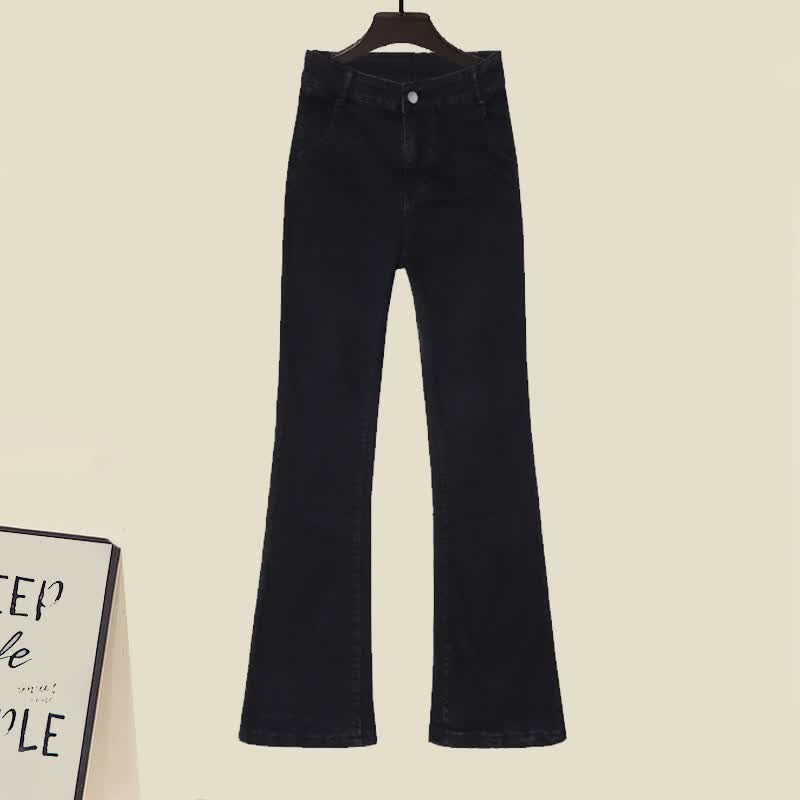 Bow Black Sweater Denim Pants Set Decor Knit