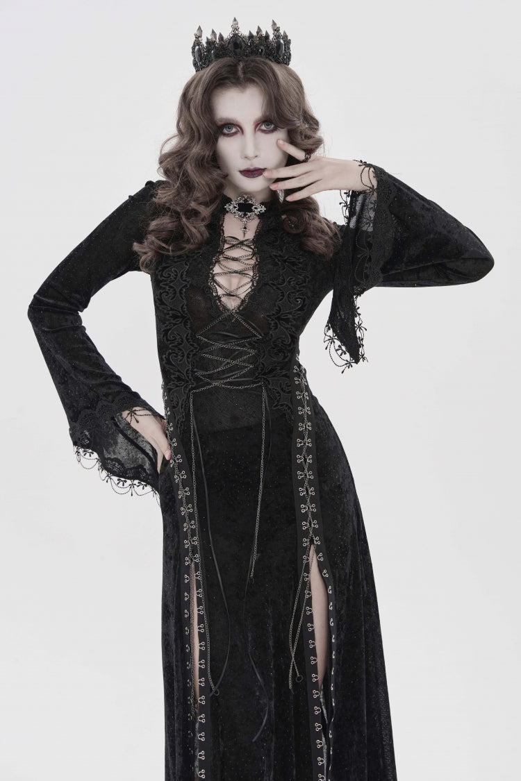 Halterneck Trumpet Sleeve Hanayome Lace Lace-Up Slim Chain Gothic Dress Plunging Split Maxi