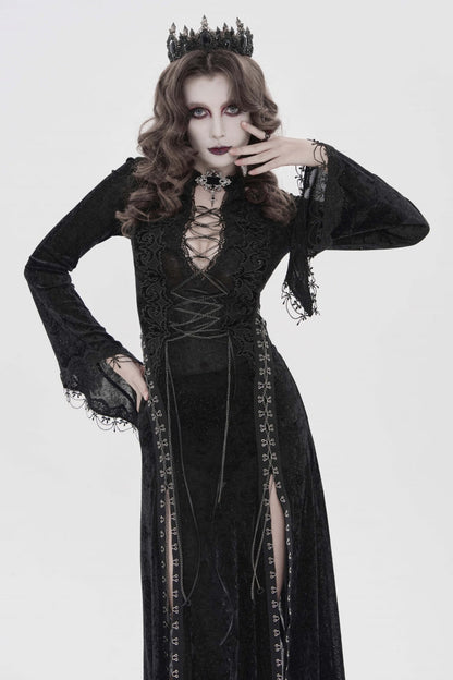 Halterneck Trumpet Sleeve Hanayome Lace Lace-Up Slim Chain Gothic Dress Plunging Split Maxi