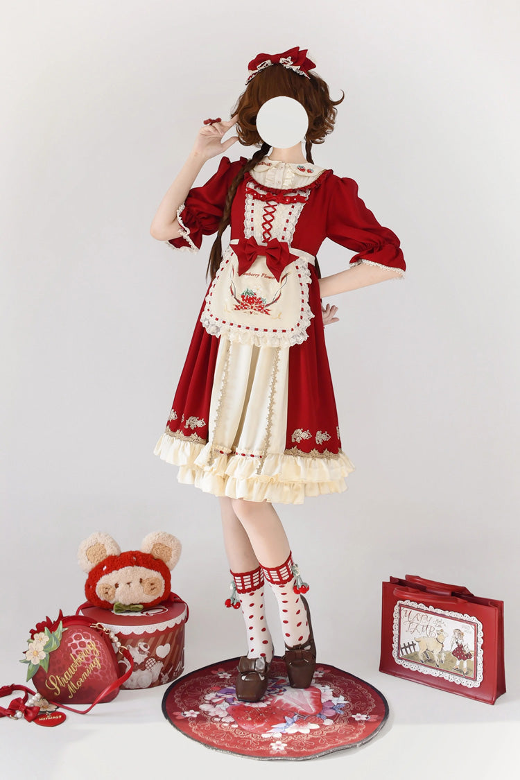 Crimson Tochigi Girl Two-Tier Ruffle Embroidered Cardigan Sweet Lolita Set