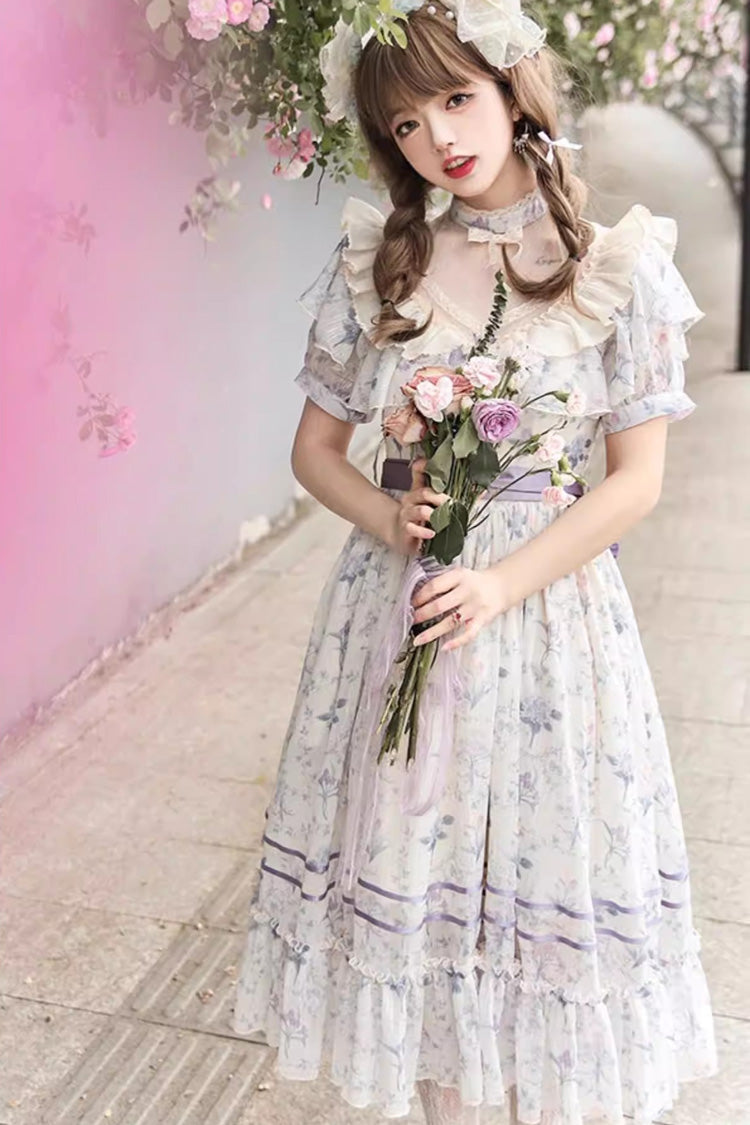Printed Bow Lace Sweet Elegant Dress - Purple Summer Flower Wall
