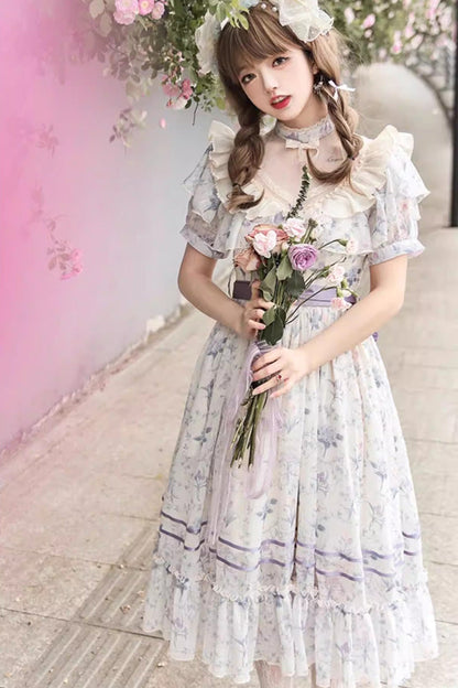 Printed Bow Lace Sweet Elegant Dress - Purple Summer Flower Wall