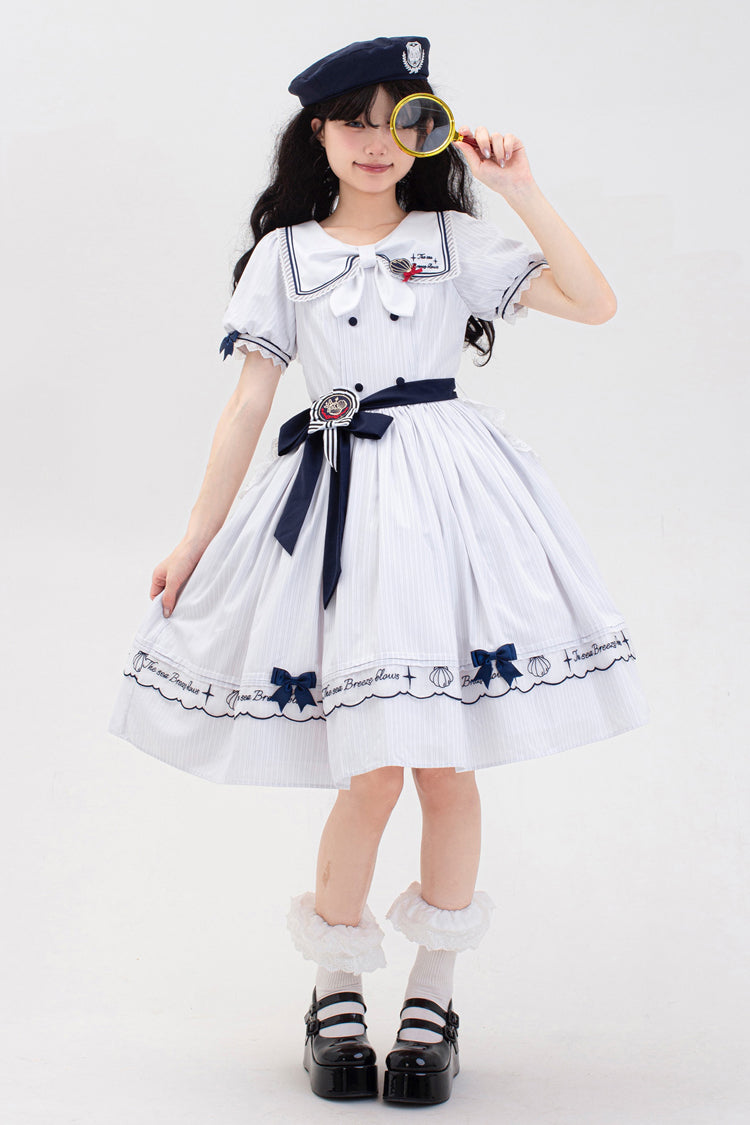 Ivory Navy Stripe Ruffled Embroidered Sweet Lolita Dress