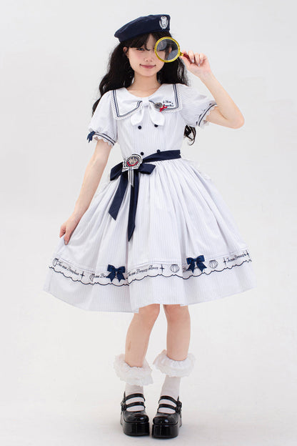 Ivory Navy Stripe Ruffled Embroidered Sweet Lolita Dress