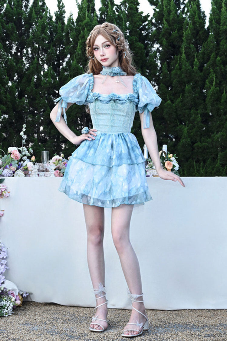Blue Square Collar Short Puff Sleeve Multi-Layer Print Ruffle Bow Tie-Dye Sweet Princess Lolita Dress