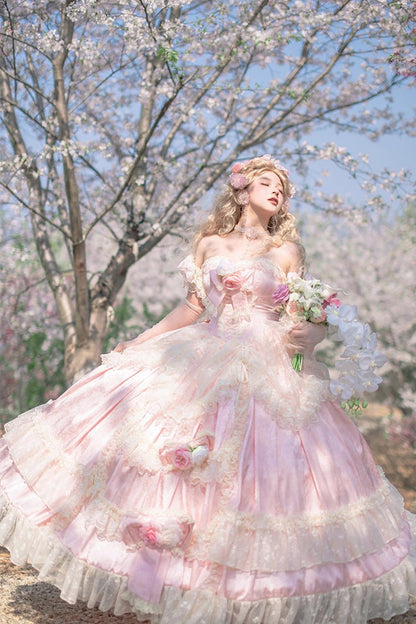 Pink Ruffle Bridal Bow Lace Sweet Princess Lolita Jumper - Love and Roses