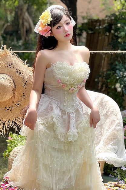 Pink Floral Love Ruffle Bow Lace Elegant Lolita Maxi Set