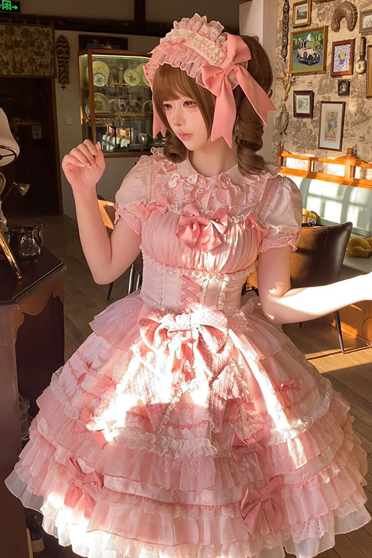 Pink Multi-Tier Ruffle Bow Lace Sweet Gorgeous Lolita Jumper - Little Lovetine