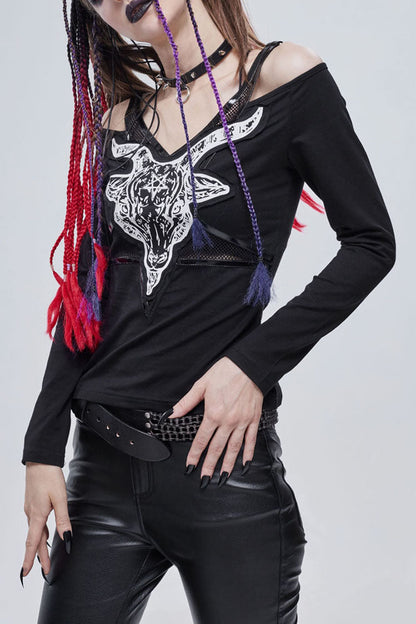 Womens Off-Shoulder Top with Sheep Print and Long Sleeves