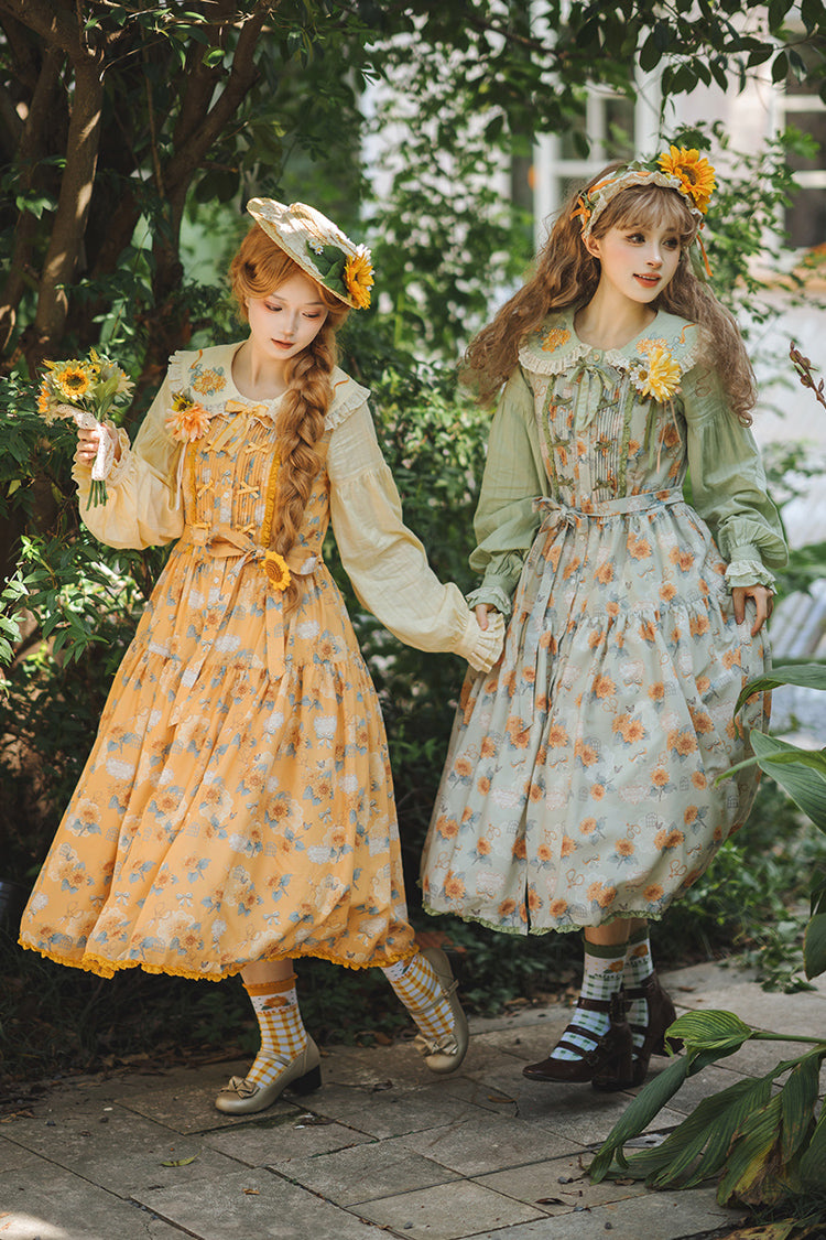 Golden Sleeveless Ruffled Bow Sunflower JSK Elegant Dress