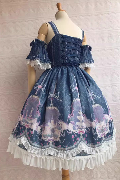 Sweetie Violet Unicorn Print Ruffle Jsk Dress - Secret Garden Lolita