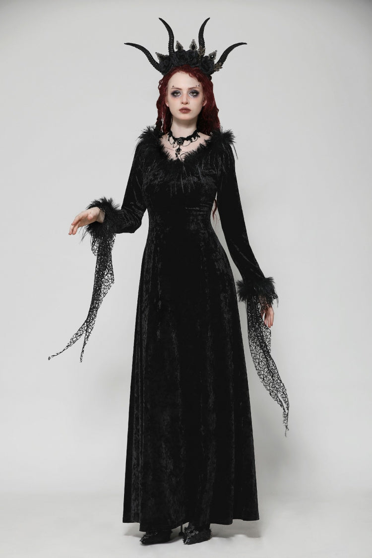Long Sleeve Velvet Lace Gothic Maxi Wedding Dress